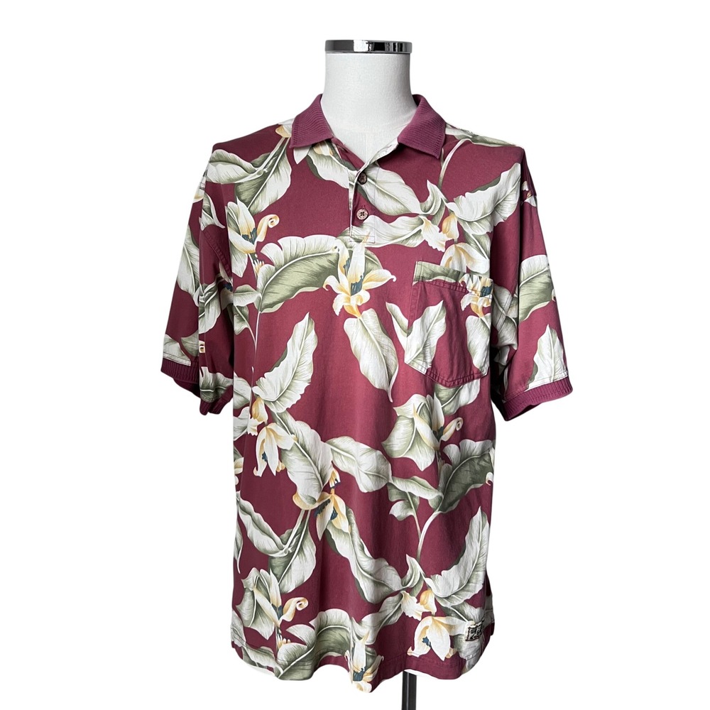 Vintage Tommy Bahama Mens Floral Tropical Leaf Print‎ Cotton Polo Shirt Medium